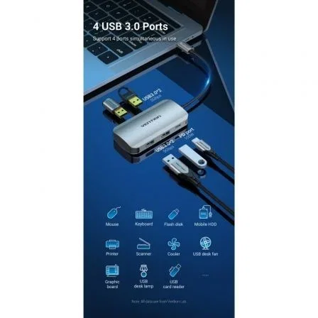 Vention TNBHB Hub USB-C con 4 Puertos USB 3.0 y Carga Rápida PD 100W